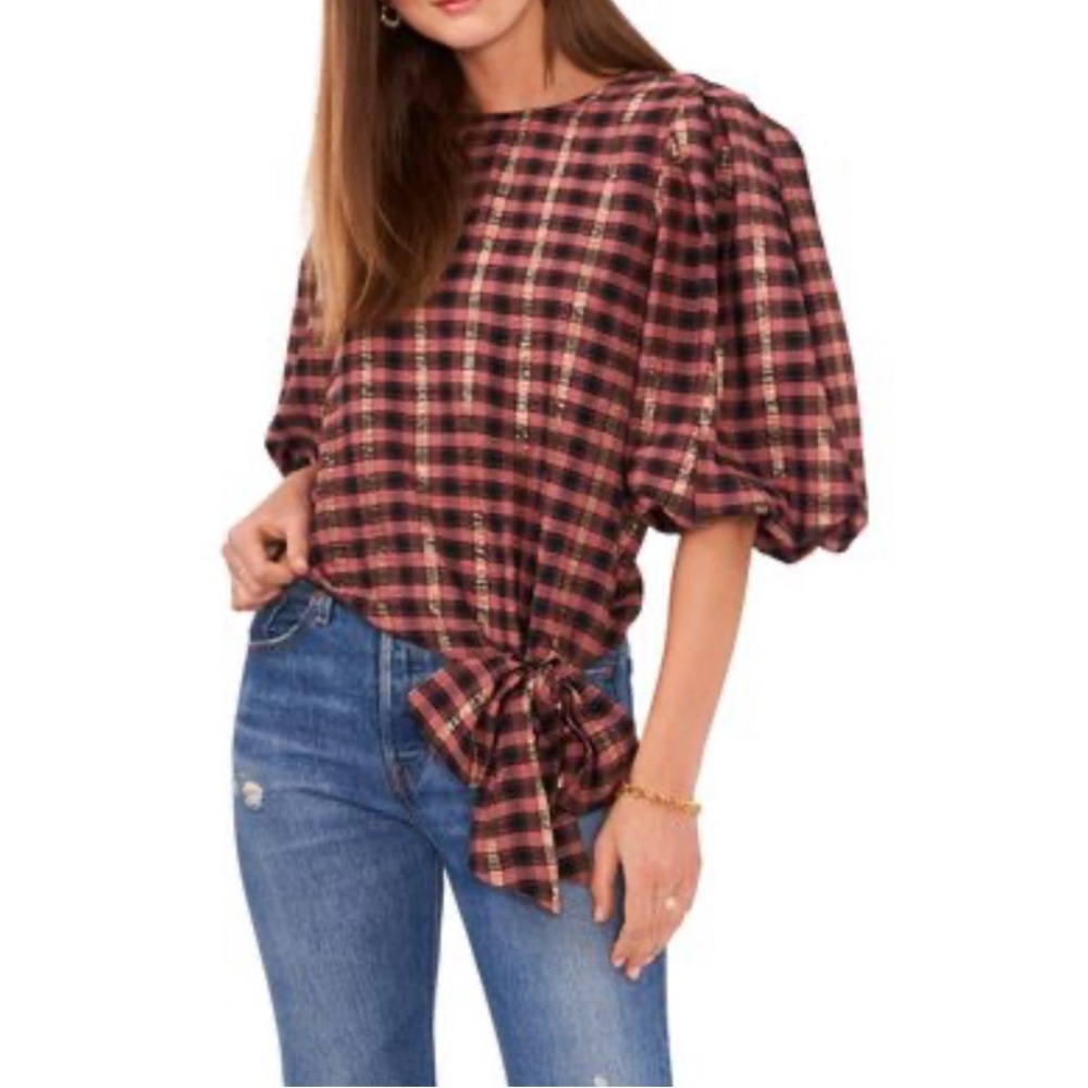 Vince Camuto Pucker Plaid Puff Sleeve Top Size XL